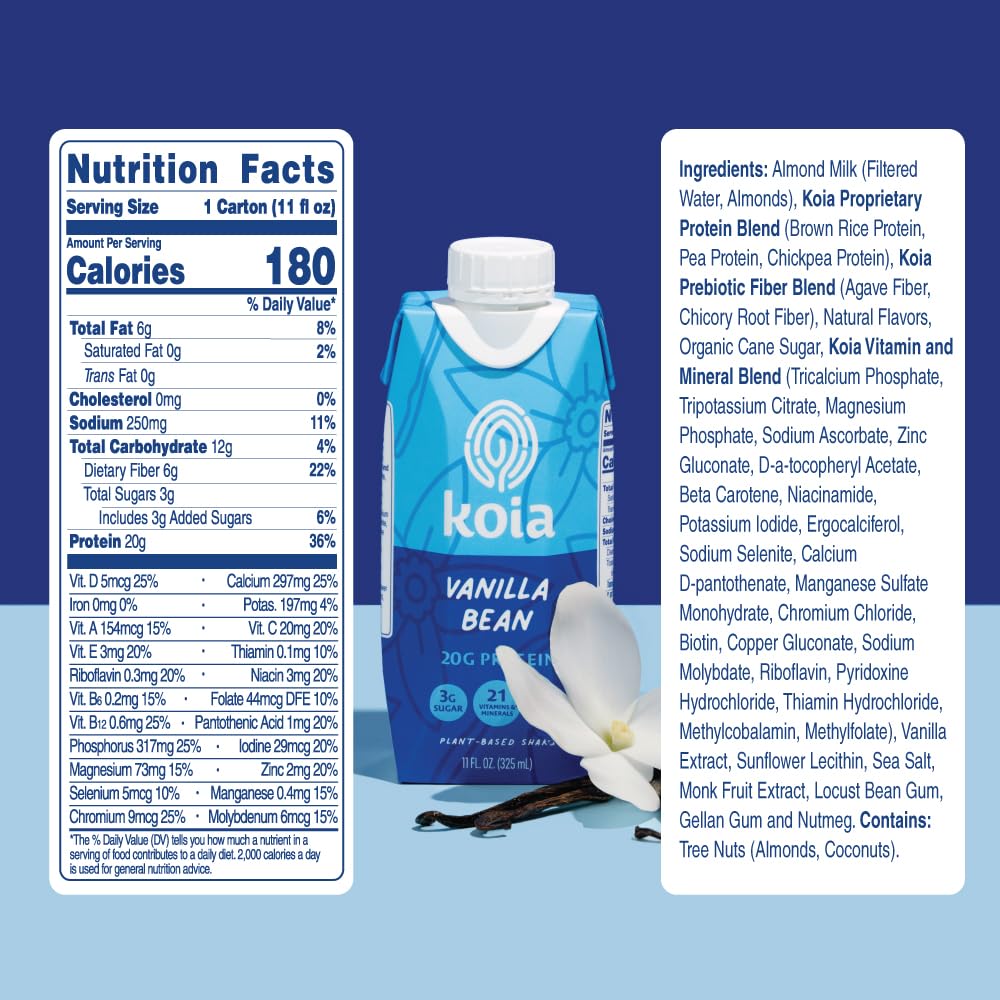 Koia Plant Based Protein Shake, Vanilla Bean, 20g Protein, 3g Sugar, 6g Prebiotic Fiber, 21 Vitamins & Minerals, Meal Replacement Drinks, Dairy-Free, Gluten-Free, Non-GMO, 11 Fl Oz (Pack of 18)