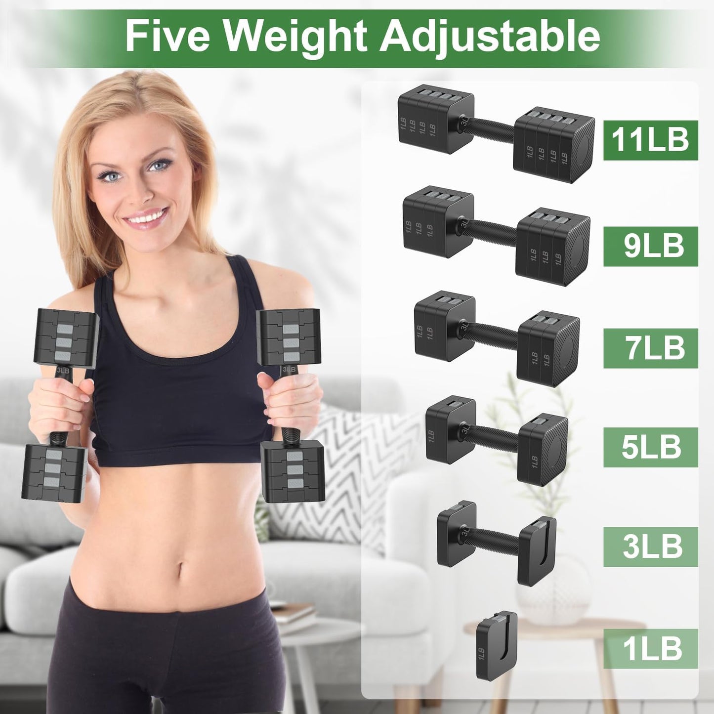 22LBS Adjustable Dumbbells Set, Hand Weights Sets with 5 Levels 3lb, 5lb, 7lb, 9lb, 11lb, Adjustable Weight Dumbbells for Women/Men Home Gym Full Body Workout