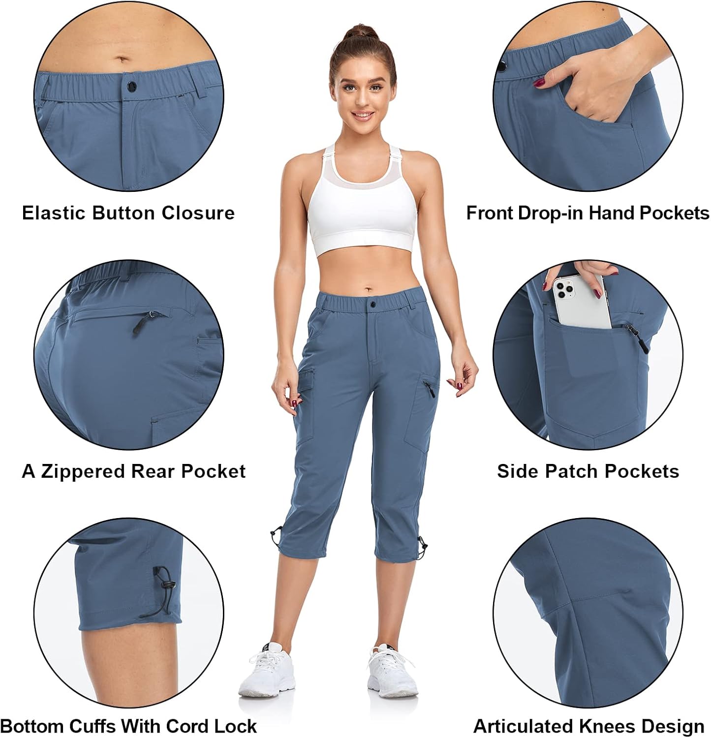 GymBrave Women's Hiking Cargo Pants Quick Dry Outdoor Camping Capris Water Resistant UPF 50 with Zipper Pockets