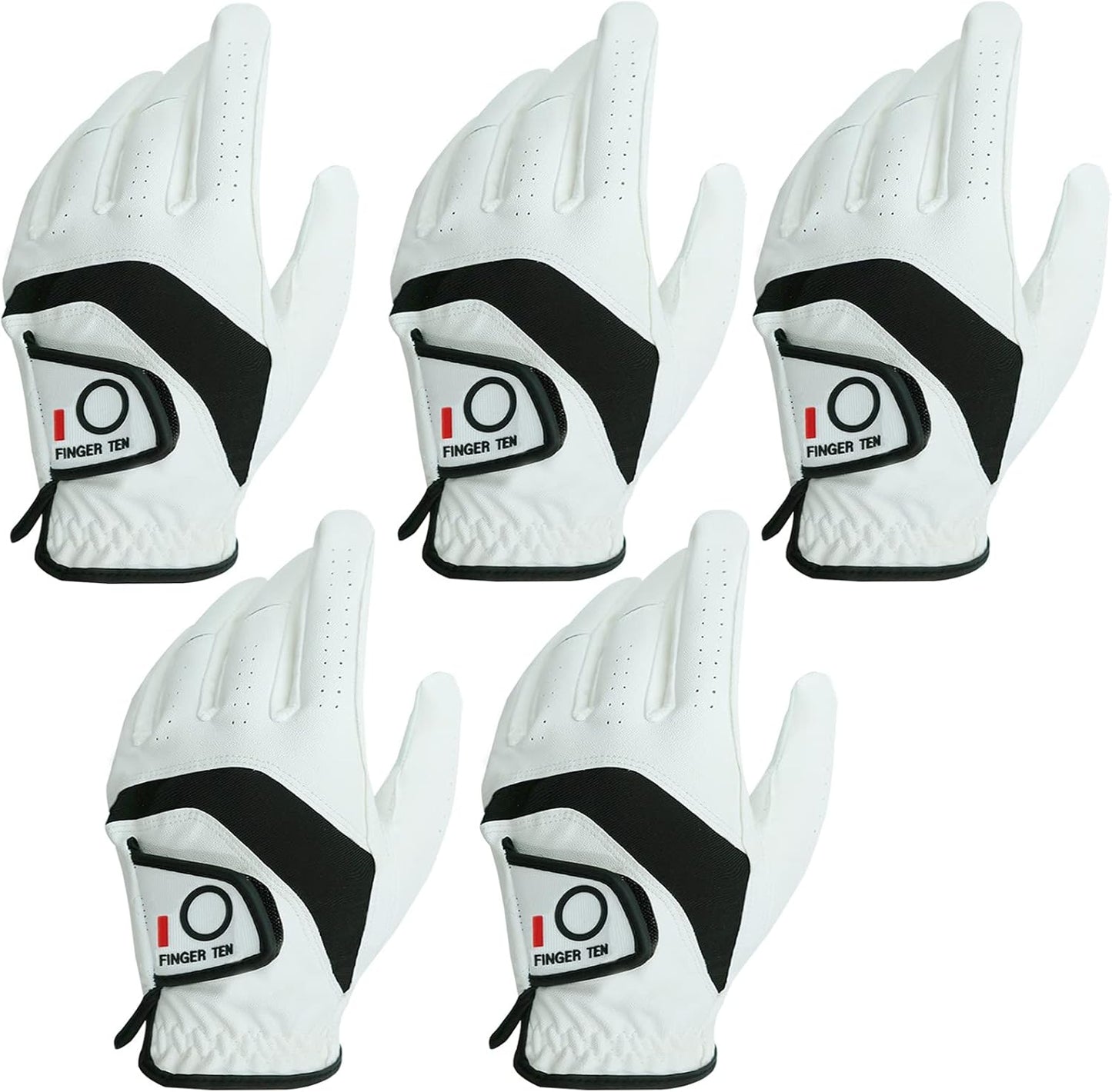 FINGER TEN Golf Gloves Men Left Hand Right Leather Value 5 Pack, Mens Golf Glove for Right Left Handed Golfer All Weather Grip Small Medium ML Large XL XXL 3XL