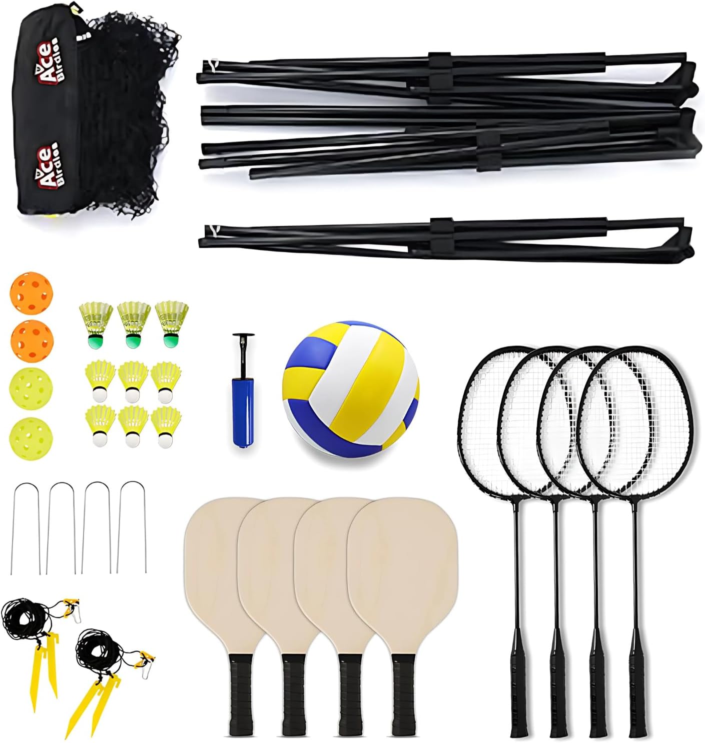 Complete Badminton Sets (10FT/17FT) Adjustable Width, Adjustable Height (2.8/5.1/7.4FT), Badminton Pickleball Volleyball Set with Net, 4Racket+4Paddels+Volleyball for Outdoor Family Game.