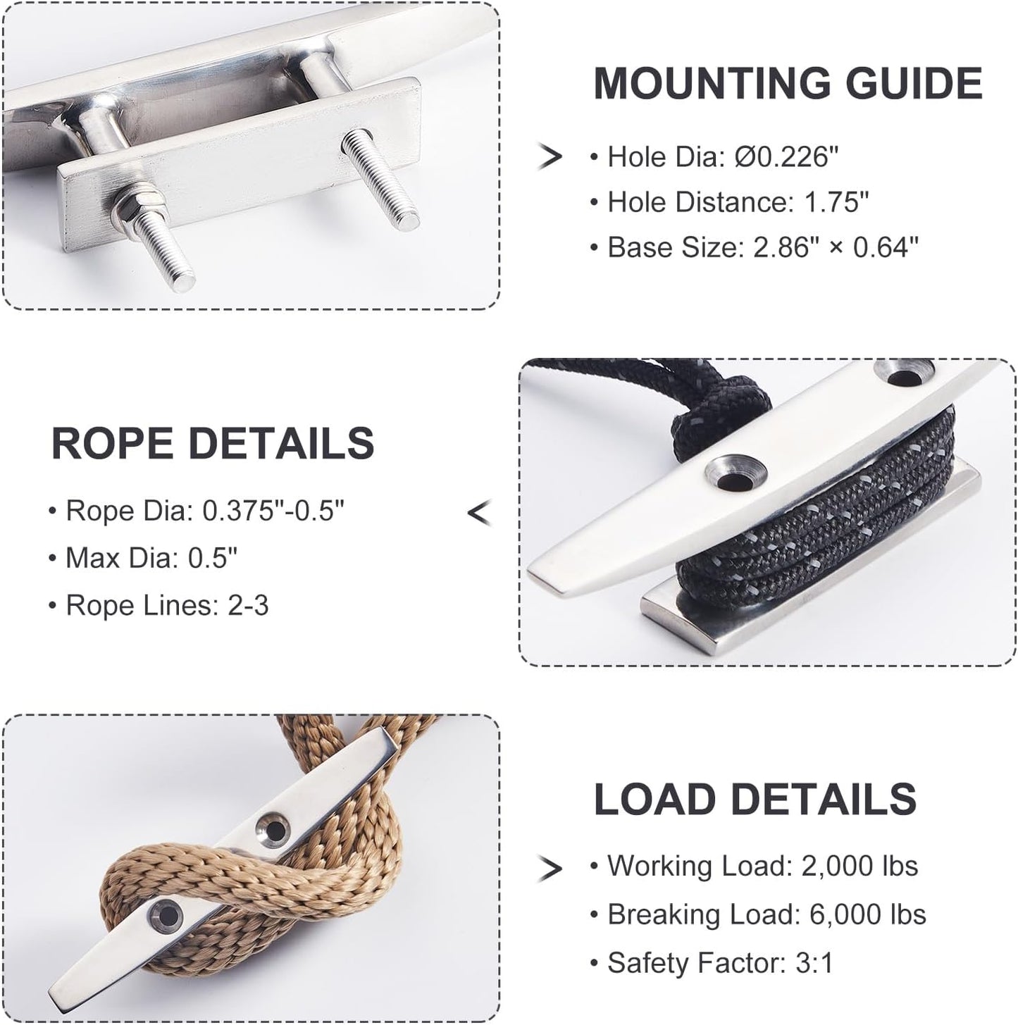 Boat Dock Cleat, 316 Marine Grade Stainless Steel Open Base Cleats with Hardware, Heavy Duty Mooring Accessories for Yacht Kayak Jetski (2-Pack)