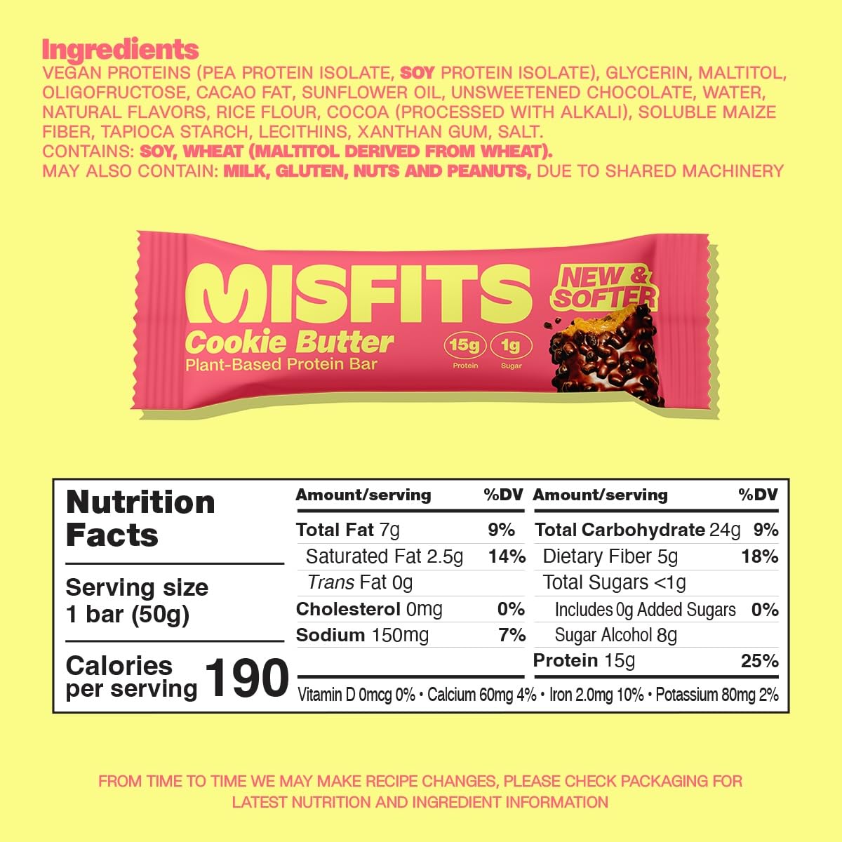 Misfits Vegan Protein Bars, Cookie Butter - Updated Recipe | Plant Based, Low Sugar & Carb, High Fiber Snacks | Pack of 15