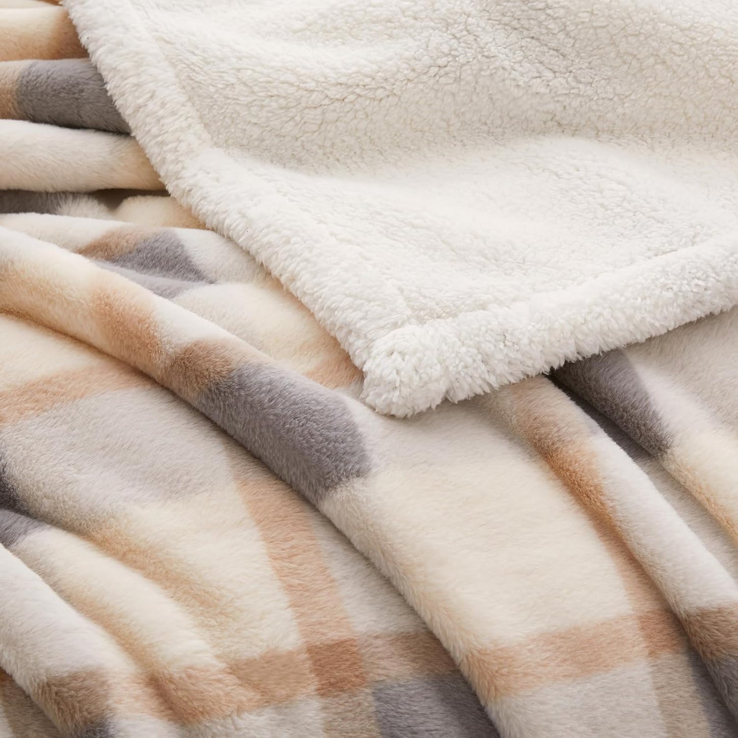 PU MEI Super Soft Faux Rabbit Fur Sherpa Fleece Throw Blanket, Reversible Luxury Cozy Cute Furry Blanket, Plush Warm Shaggy Fluffy Checkered Blankets for Sofa Couch Bed (Grey-Plaid, 80" x 90")