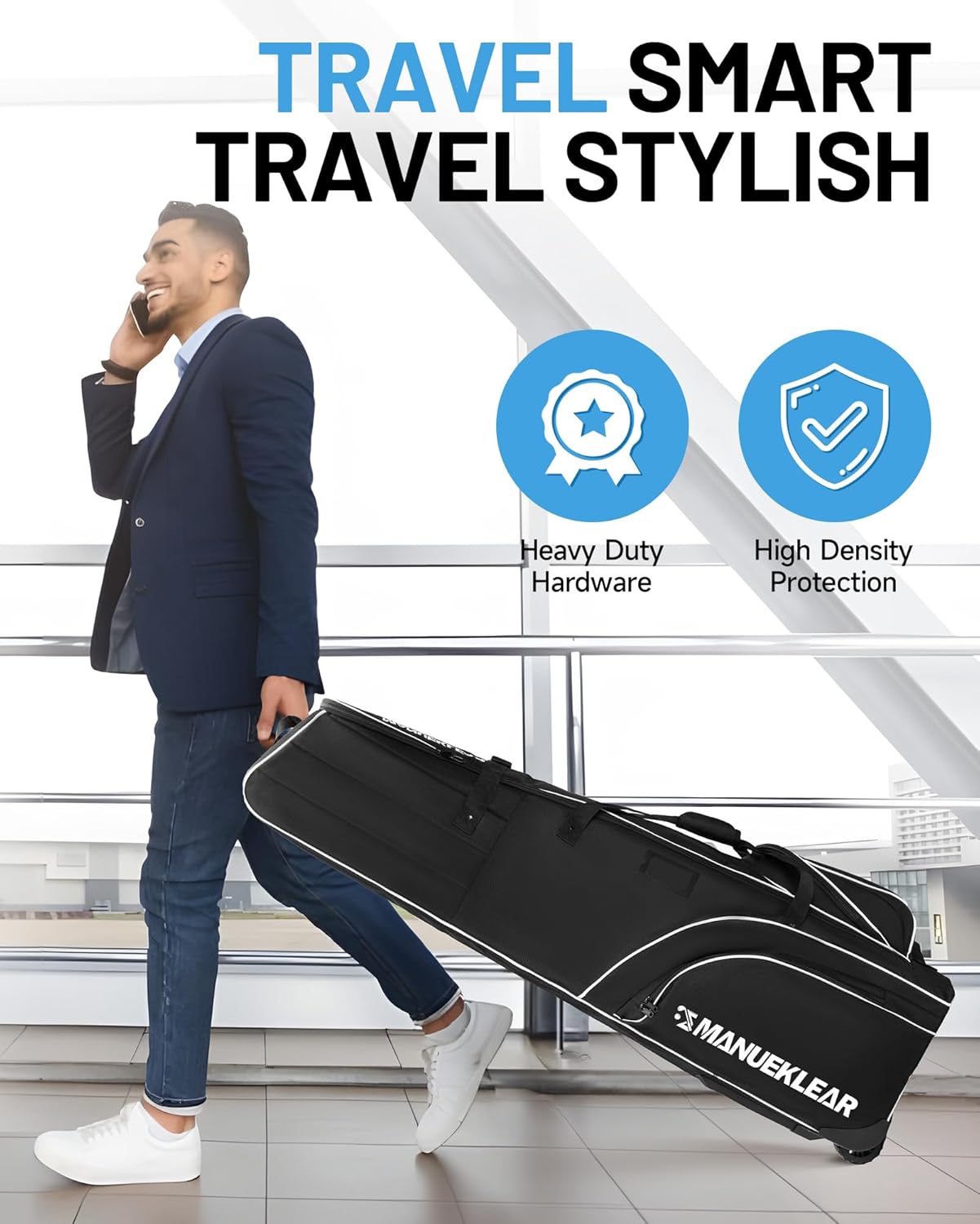 MANUEKLEAR 1680D Nylon Travel Golf Bags Club for Airlines with Wheels, Golf Travel Bags for Airlines with Padded Top, Golf Travel Case Cover with 3 Large Pocket for Golfer