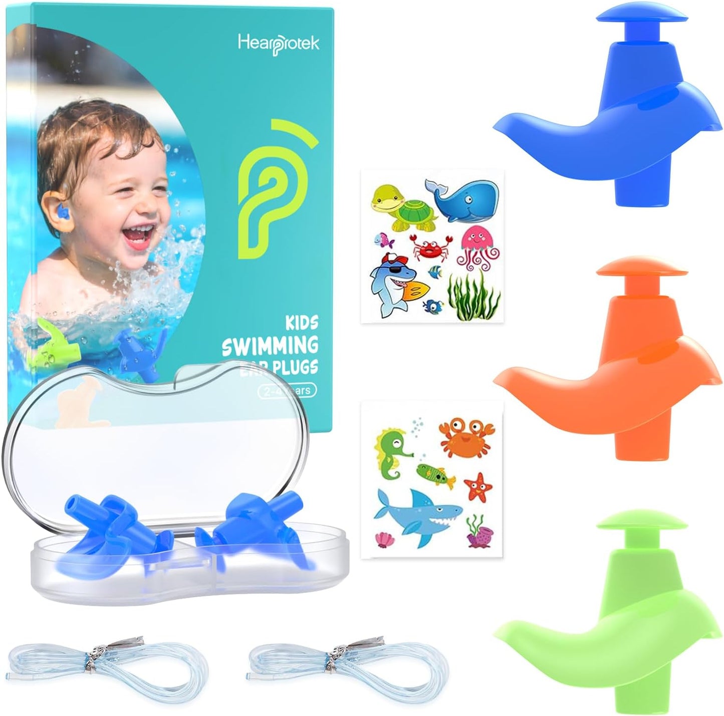 Hearprotek 3 Pairs Swimming Ear Plugs for Kids, Soft Silicone Reusable Waterproof Earplugs for Toddlers Bathing Swimming and Other Water Sports(Blue/Orange/Green)