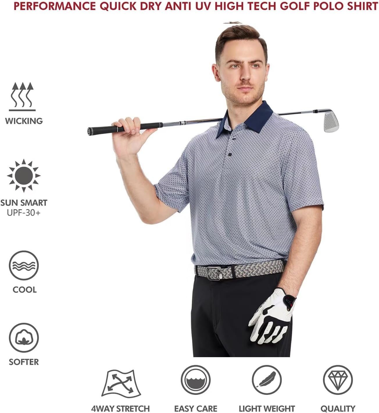 Men's Golf Polo Shirts Short Sleeve Striped Performance Moisture Wicking Dry Fit Golf Shirts for Men