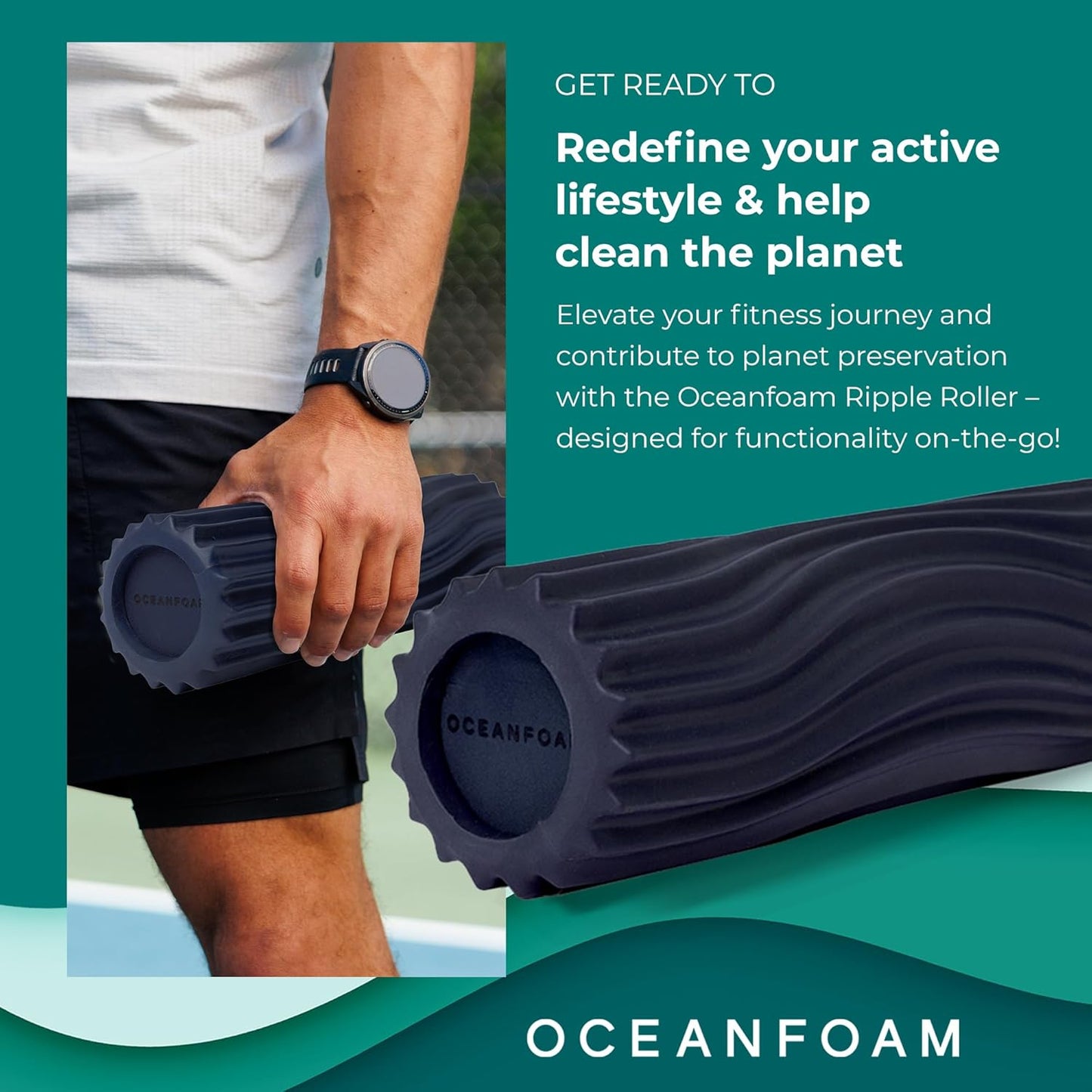 Oceanfoam Ripple Travel Foam Roller (11" x 3.35") Firm Mini Foam Roller for Physical Therapy, Deep Tissue Massage, Back Pain, High Density, Ergonomic Wave Textured, Yoga, Pilates, Exercise (Dark Navy)