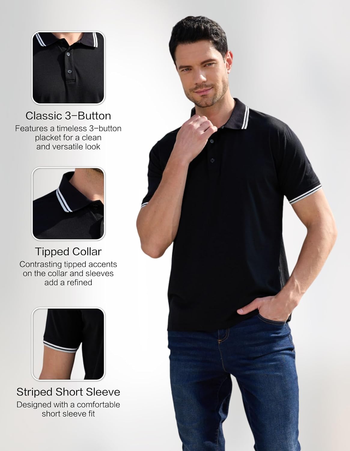 Merino Wool Polo Shirts for Men for Work Sport, Lightweight Breathable Moisture Wicking Mens Polo Shirt Short Sleeve