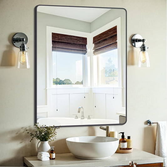 Black Bathroom Mirror, 30" x 40" Wall Mirror with Metal Frame, Decorative Rectangular Vanity Mirror for Bedroom Bathroom Living Room Entryway (Horizontal/Vertical)