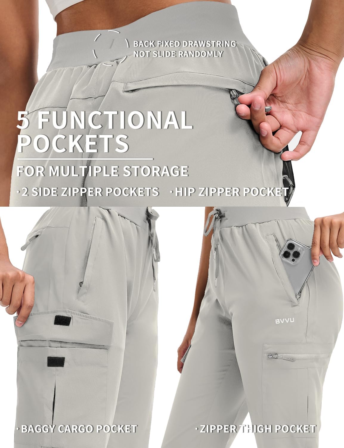 BVVU Women's Hiking Pants Lightweight Quick Dry Travel Outdoor Pants Waterproof Work Cargo Joggers with Zipper Pockets