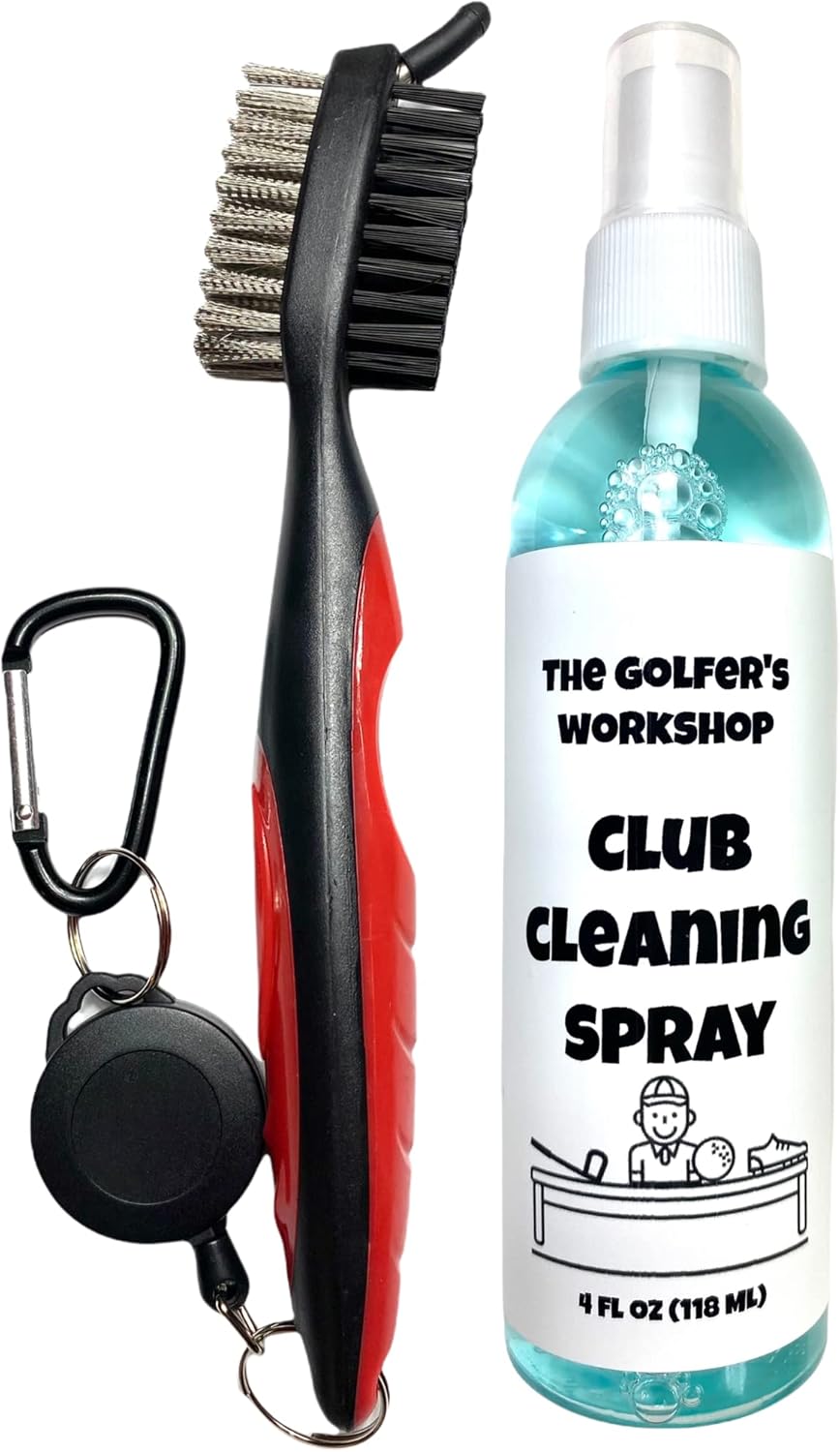 The Golfer's Workshop 4oz Club Cleaning Spray and Golf Club Brush with Groove Cleaner, 2ft Retractable Zip-line, Carabiner Clip