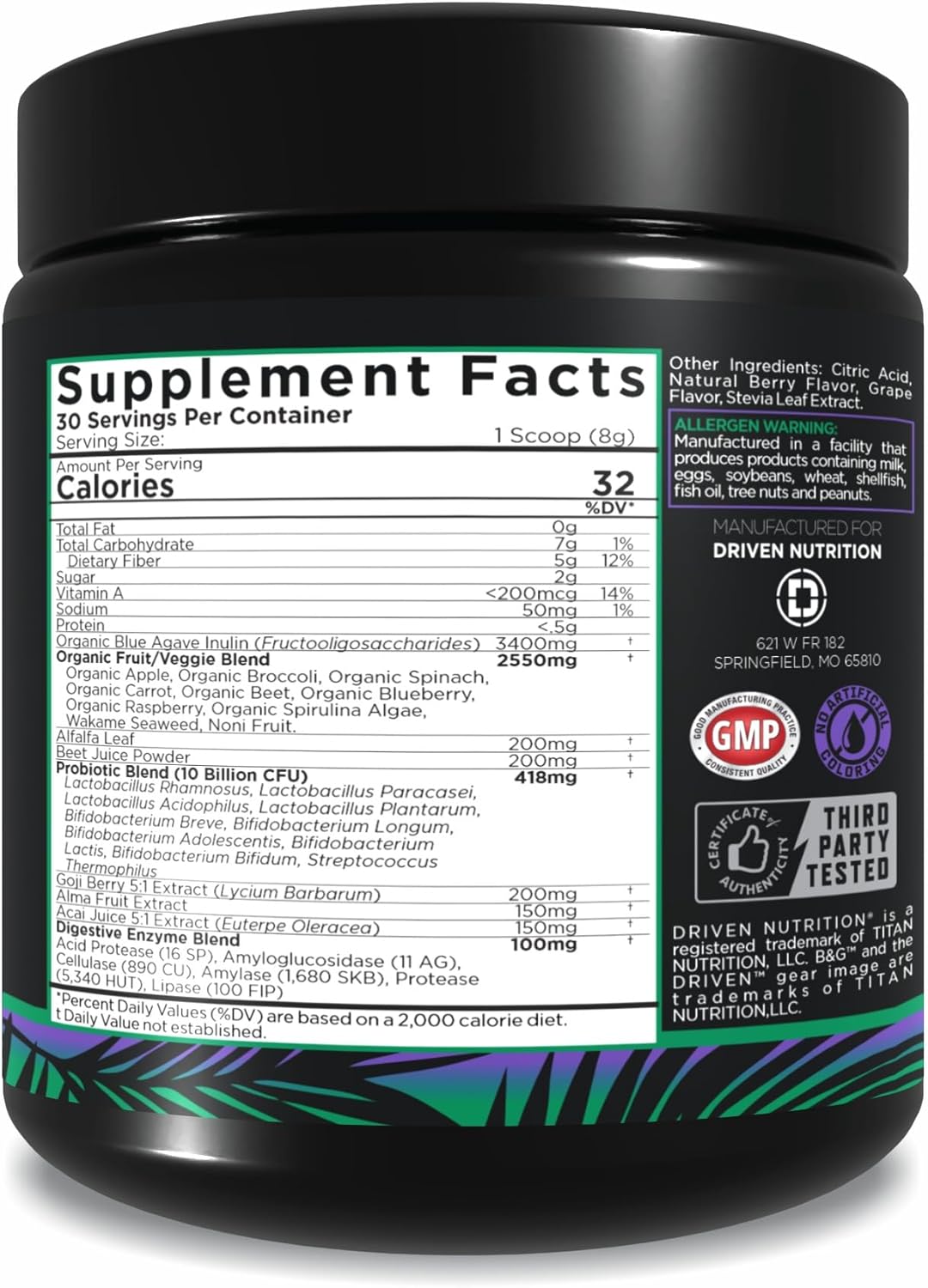 Driven B&G Berries & Greens Superfood Powder, 30 Servings - Organic Plant-Based Formula with Probiotics & Digestive Enzymes -Supports Recovery, Healthy Digestion, and Immune Function