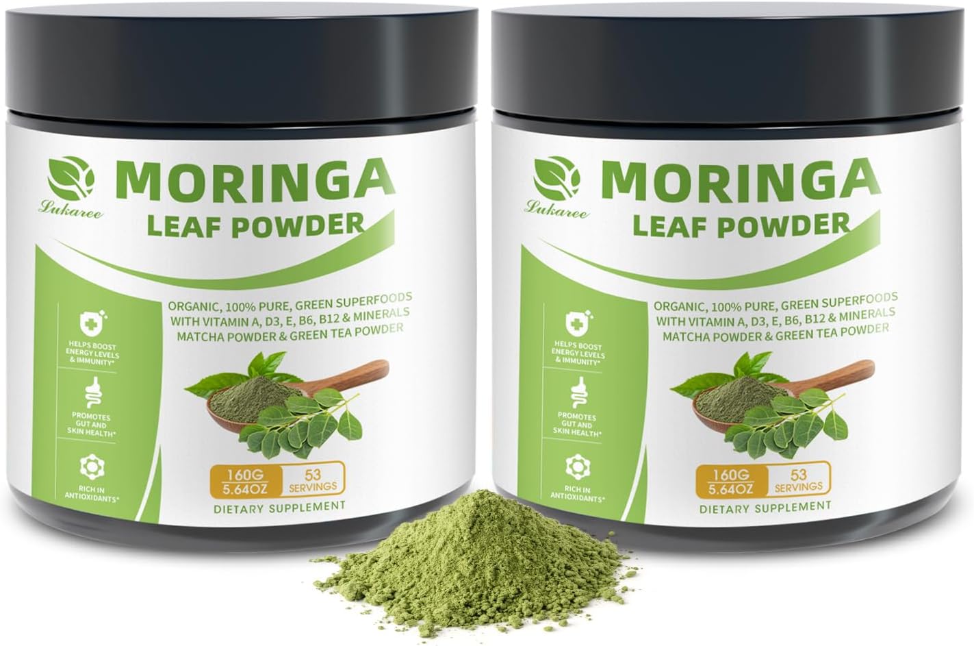 Organic Moringa Powder & Matcha Powder, Multi-Green Superfoods with Green Tea Resveratrol - Energy and Digestive Support, Rich in Antioxidants and Vitamin A D3 E B6 B12 Calcium, 5.64 oz 2 Pack