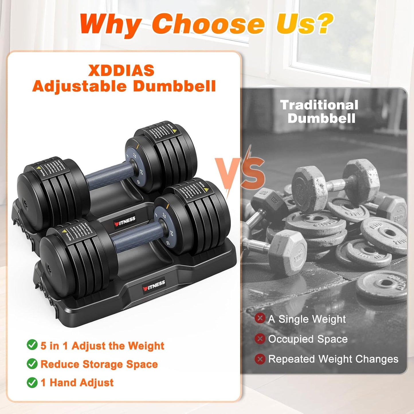 XDDIAS Adjustable Dumbbell Set of 2-25LB/55LB Set-1Sec Adjustable Dumbbell Weights-5 in 1 Free Weights Dumbbells Set with Effortless Tray/No-Slip Handle-Compact Size for Women/Men at Home Gym