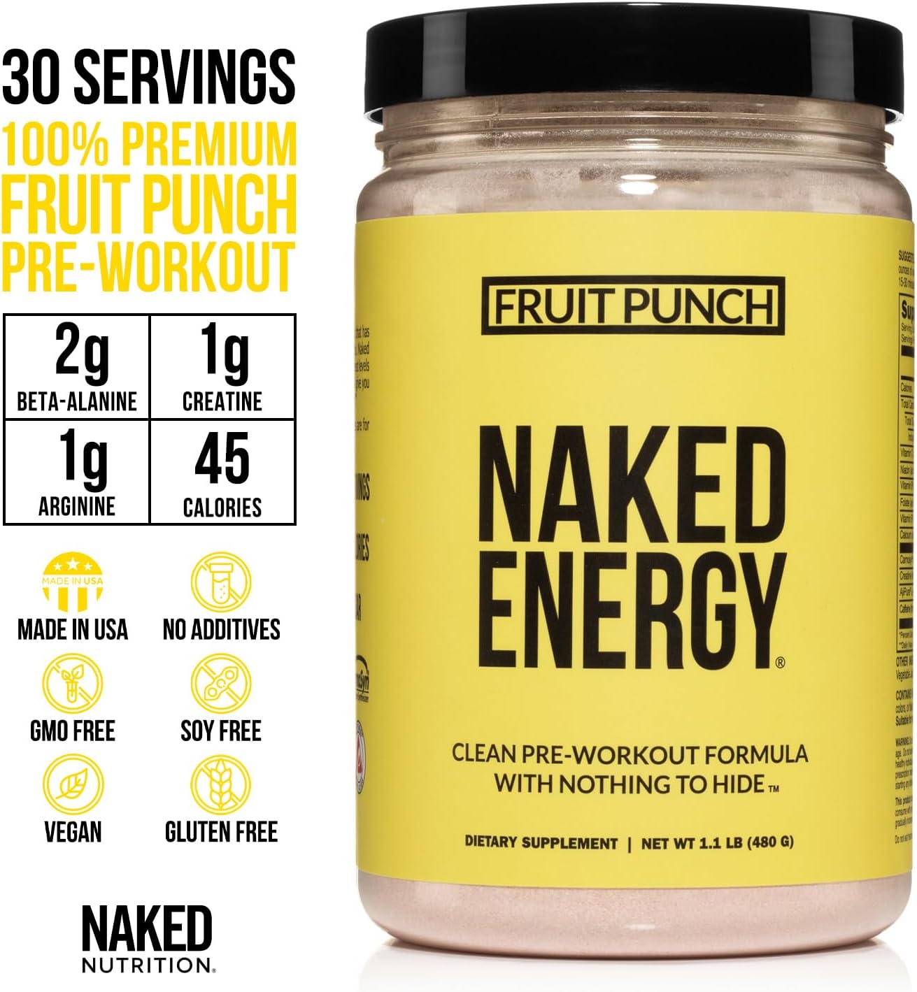 NAKED Fruit Punch Energy - Clean Pre Workout Supplement for Men and Women, Vegan Friendly, No Added Sweeteners, Colors Or Flavors - 30 Servings