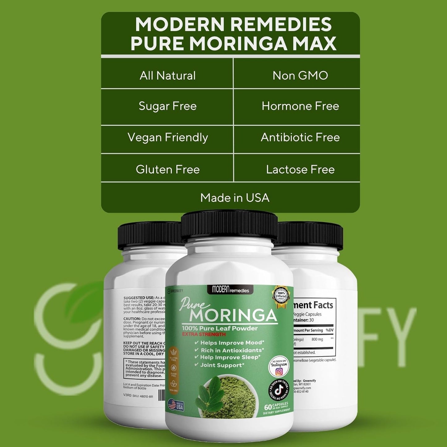 Modern Remedies Pure Moringa Max Leaf Powder Supplement, 800mg, 60 Capsules, Extra Strength for Mood, Sleep and Joint Support, Gluten Free (1)
