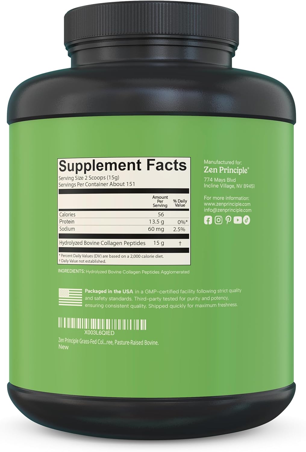 Zen Principle Grass-Fed Agglomerated Collagen Peptides 5 lb. Anti-Aging Hydrolyzed Protein Powder for Healthy Hair, Skin & Joints. Paleo and Keto Friendly, GMO and Gluten Free, Pasture-Raised Bovine.