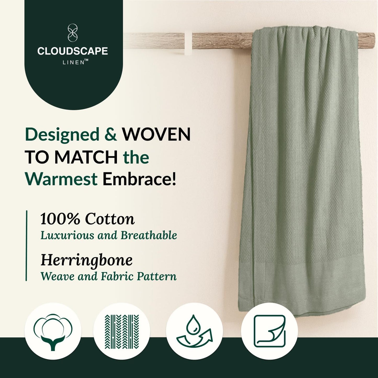 Cloud Scape Linen 100% Cotton Queen Size Blanket, Herringbone Pattern, Lightweight Summer Blanket,Best Gifts for Women, fits Full Size Bed, 92 x 92, Olive Green