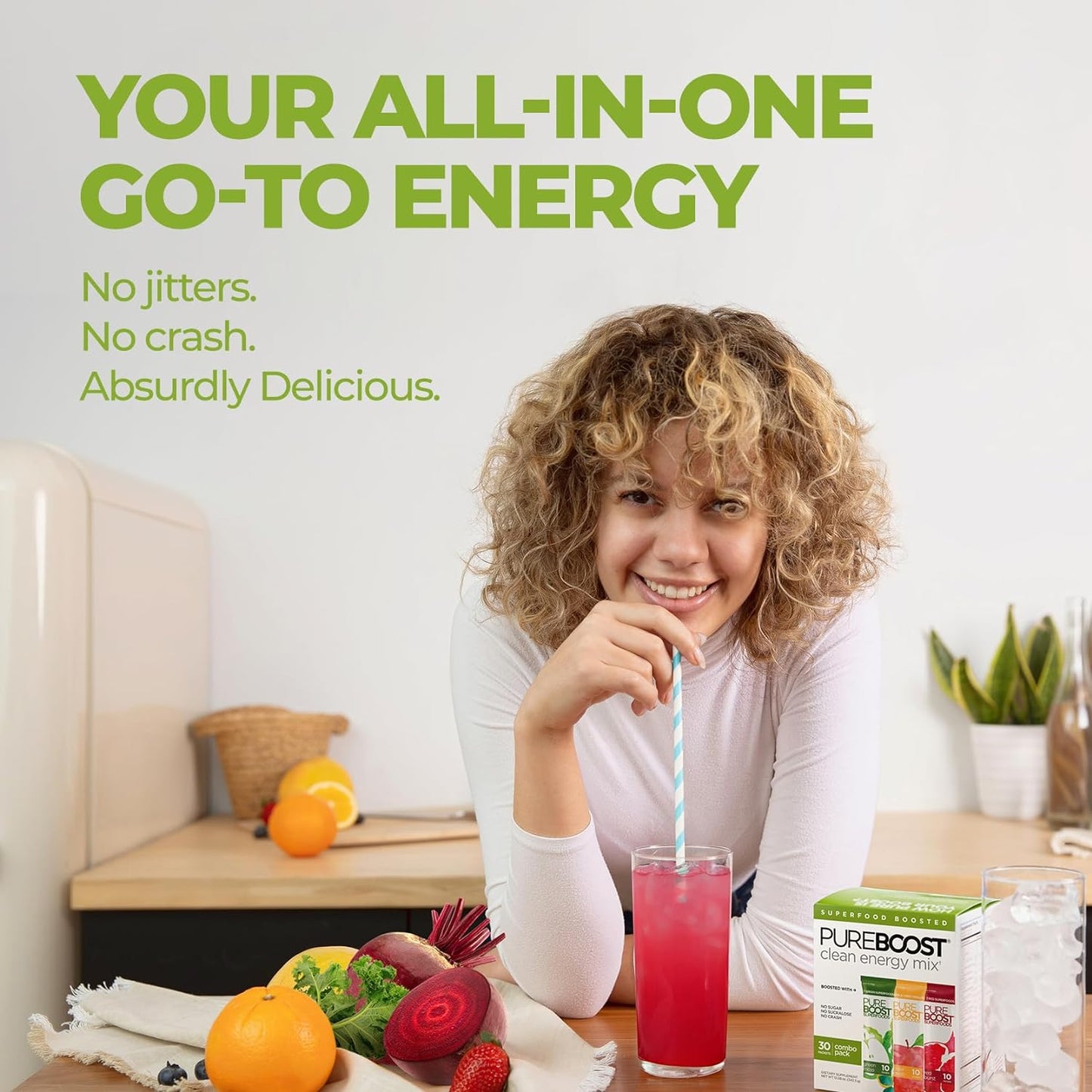 Pureboost Superfoods Clean Energy Booster, Energy Drink Mix with Apple Cider Vinegar, 7 Organic Red or Green Superfoods. Sugar-Free, No Sucralose, Electrolytes (Combo Pack, 30 Count)