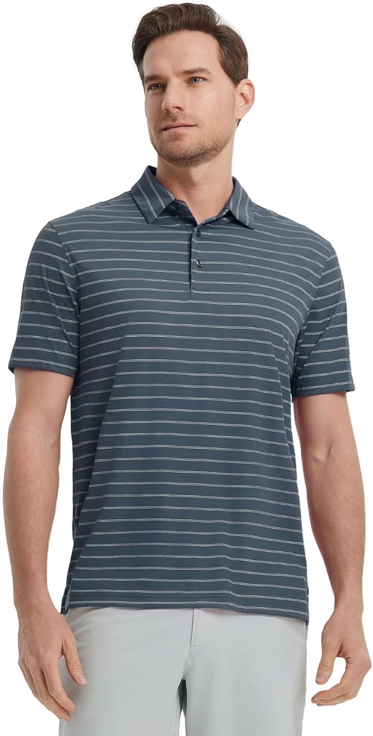 M MAELREG Mens Striped Golf Shirts Short Sleeve Silk-Like Touch Water-Resistant Breathable Soft Collared Polo Shirts for Men