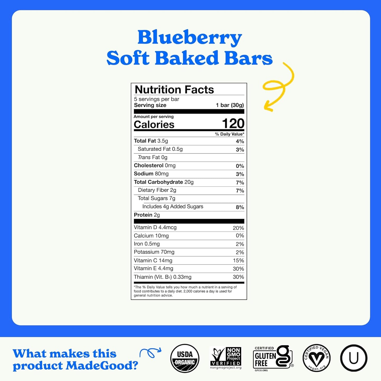 MadeGood Mornings Soft Baked Breakfast Bars, Blueberry, 1.06 Oz (30 Count) Gluten Free Snacks