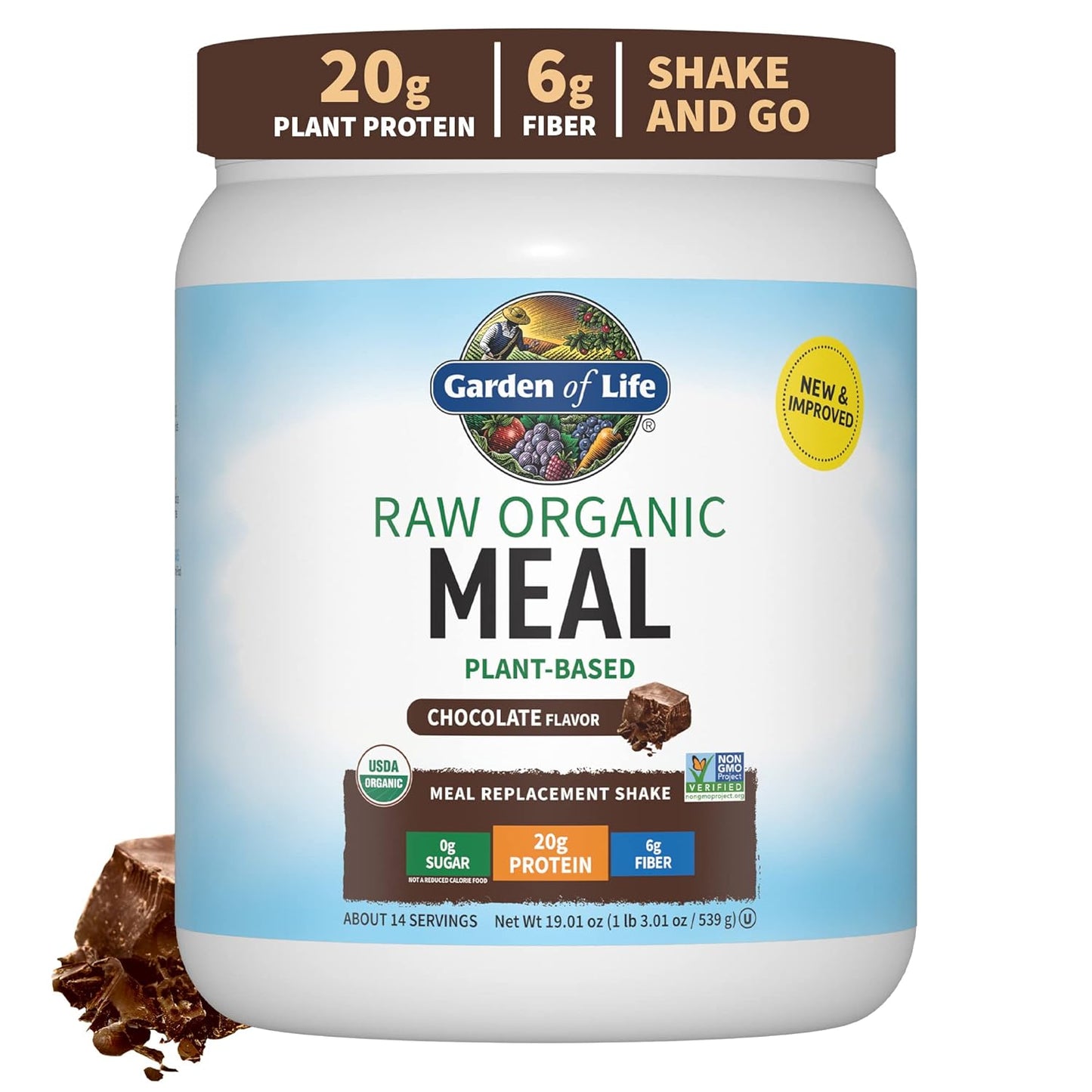 Garden of Life Meal Replacement Shakes, Raw Organic, Chocolate Protein Powder with Plant Based Pea Protein, Sprouts, Greens, Probiotics, Dairy Free 14 Servings