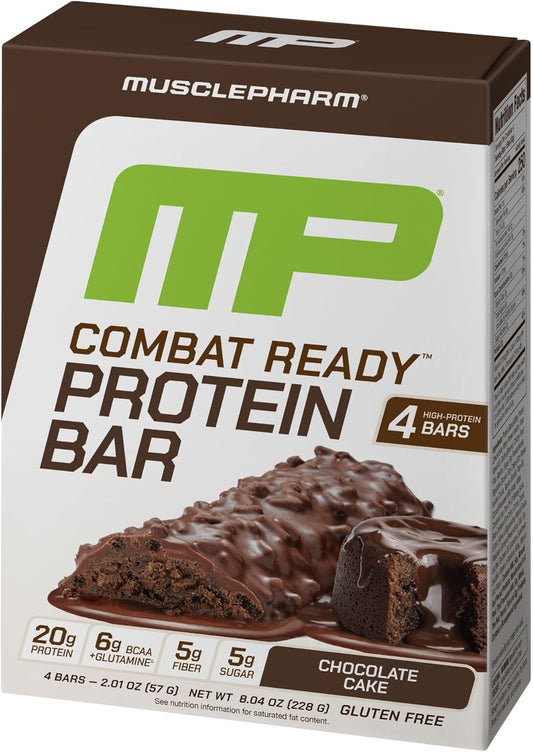 MusclePharm Combat Ready Chocolate Cake Protein Bars, High Protein Bars, Combat Cravings, Fuel Performance & Meet Energy Demands, 20g Protein from Whey Protein, 5g Fiber, Gluten Free, 4 Bars