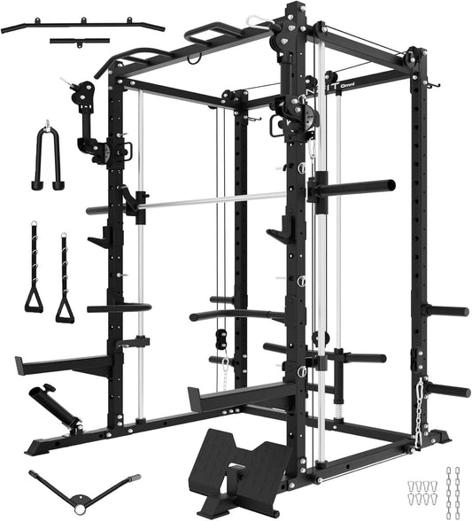 Eonfit E3 Smith Machine with 360°Rotating Arm for Home Gym Equipment, Multi-Function Power Cage Squat Rack with Cable Crossover LAT Pulldown Pulley System All in One