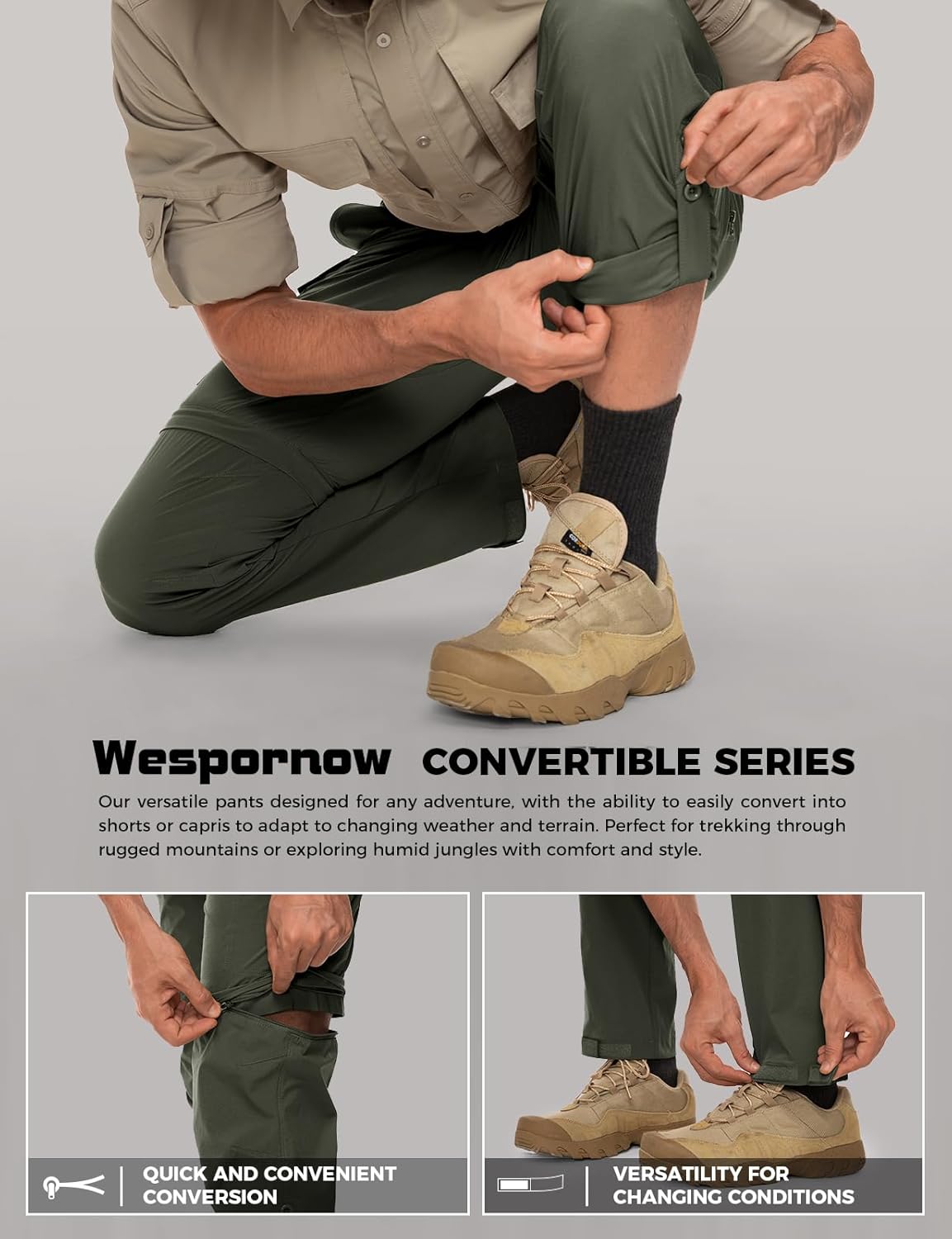 Wespornow Men's-Convertible-Hiking-Pants Quick Dry Lightweight Zip Off Breathable Cargo Pants for Outdoor, Fishing, Safari