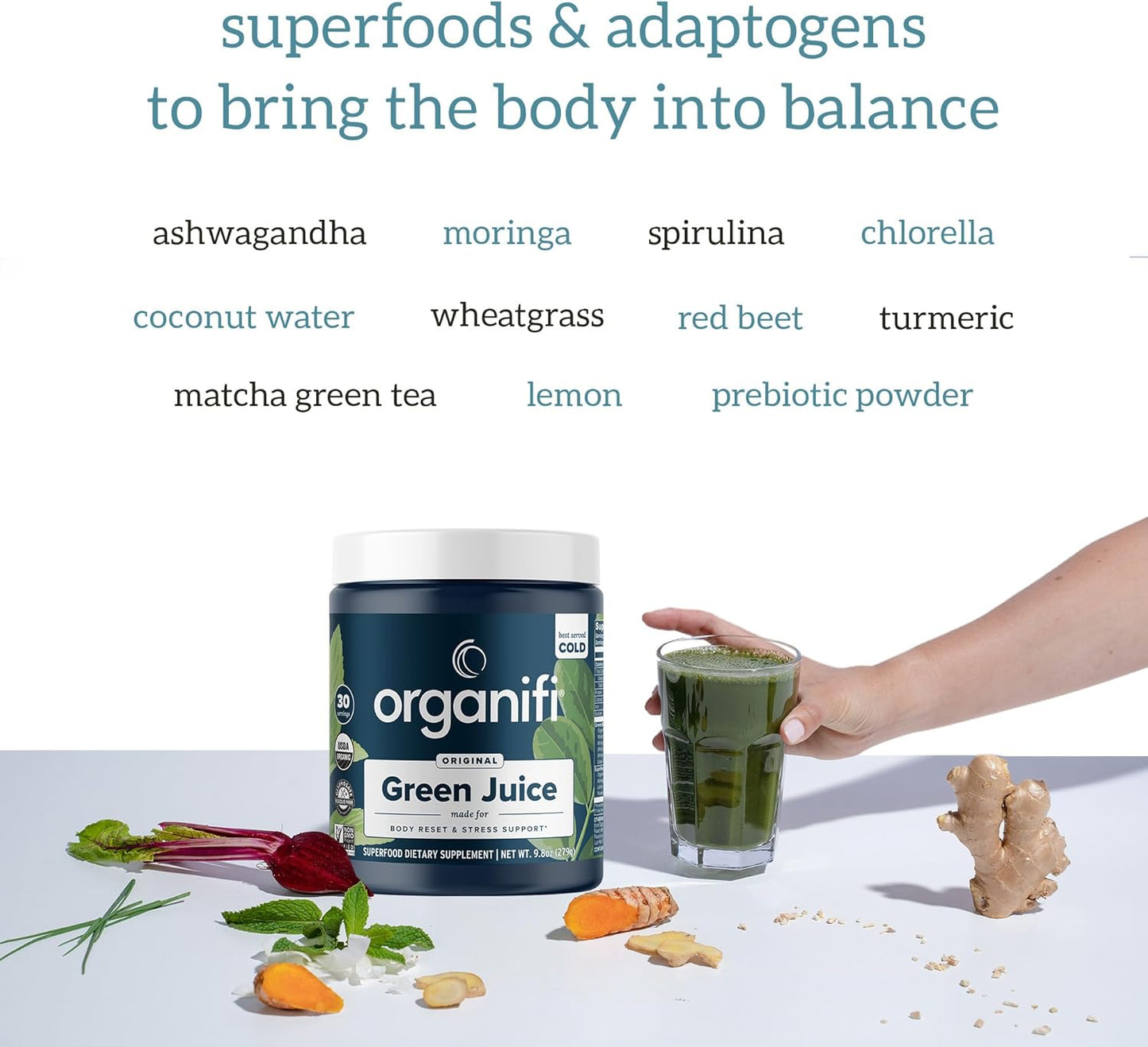 Organifi Green Juice - Powder Supplement with Organic Spirulina, Ashwagandha, and Chlorella - Helps Achieve Fitness Goals and Reduce Cortisol Levels, 30-Day Supply