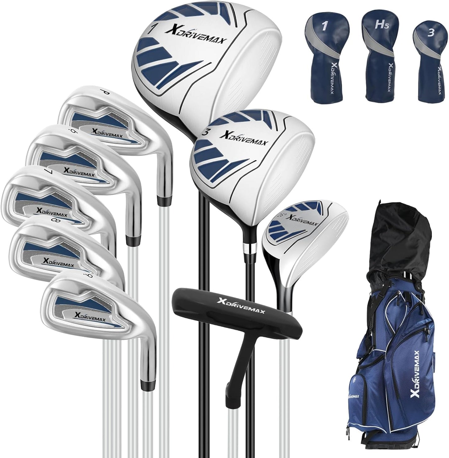 10 Pieces Complete Mens Womens Golf Clubs Set Right Hand for Men Women Includes Stand Bag with Rain Hood, 1#Driver 3#Wood #5 Hybrid,with 3 Head Covers, 6# 7# 8# 9# PW# Irons and Putter