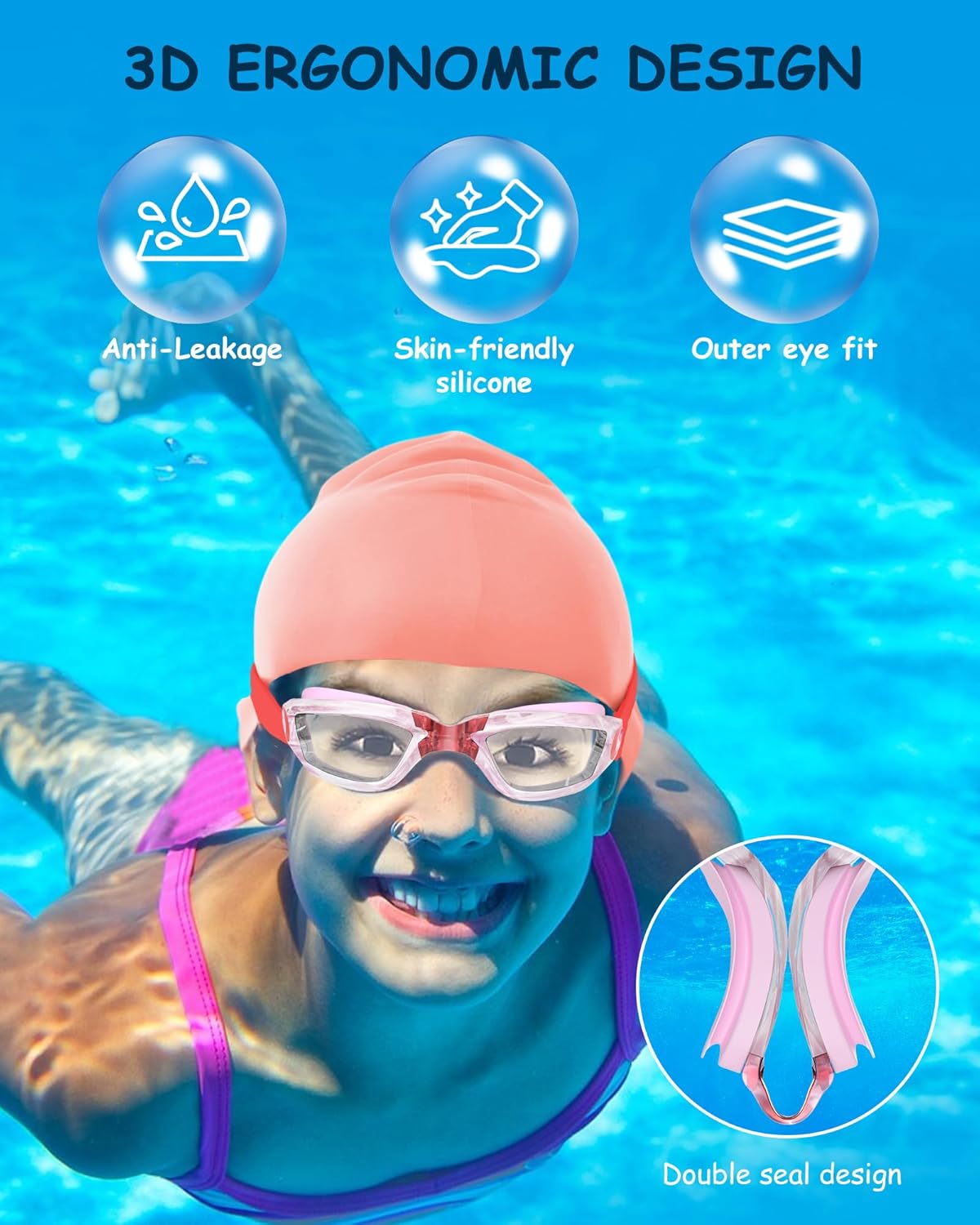 Kids Swim Goggles, Swimming Goggles for Kids Toddlers 3-14 with Swim Cap, Nose Clip, Nose Bridge, Ear Plugs