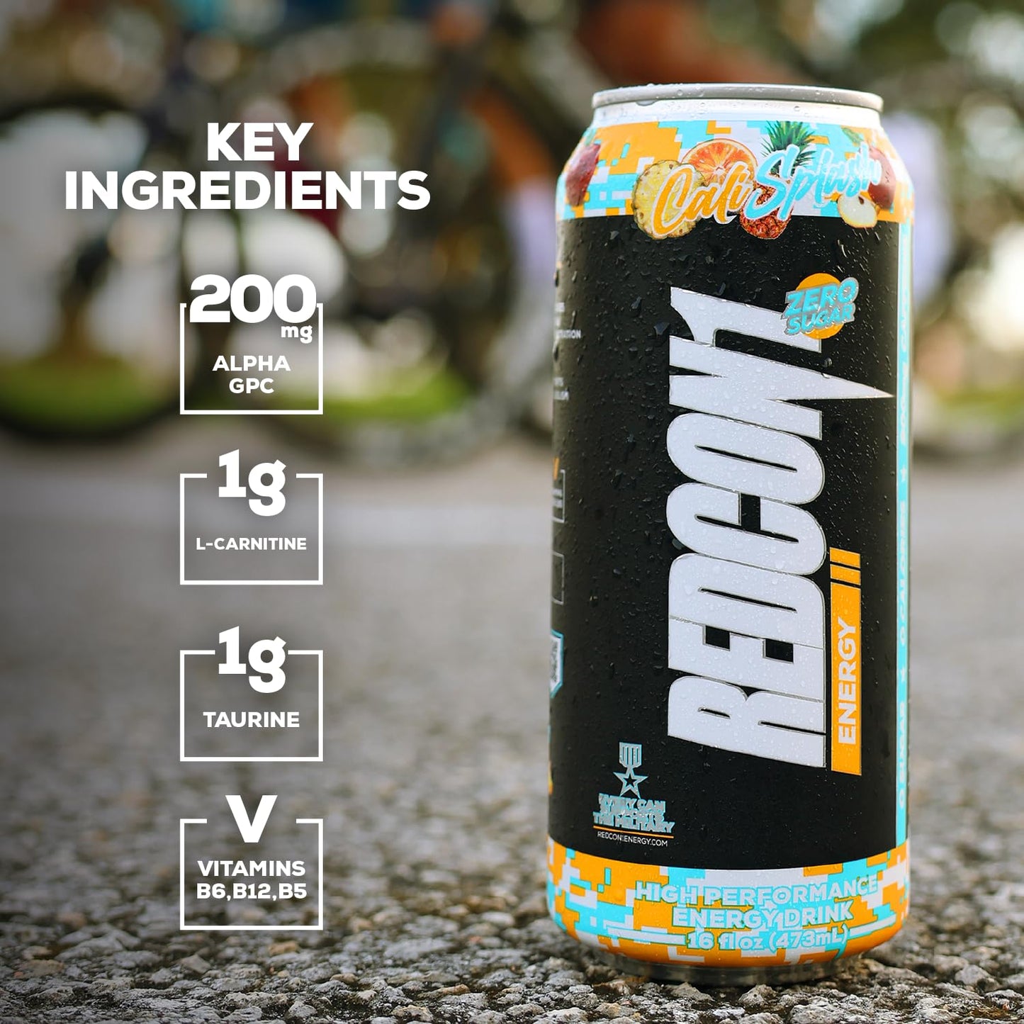 REDCON1 Energy High Performance Drink, Cali Splash - Zero Sugar Energy Drink with Alpha GPC Nootropic - 200mg of Natural Caffeine from Green Coffee Beans - Vitamin B6, B12 & B5 to Boost Mood (12 ct)