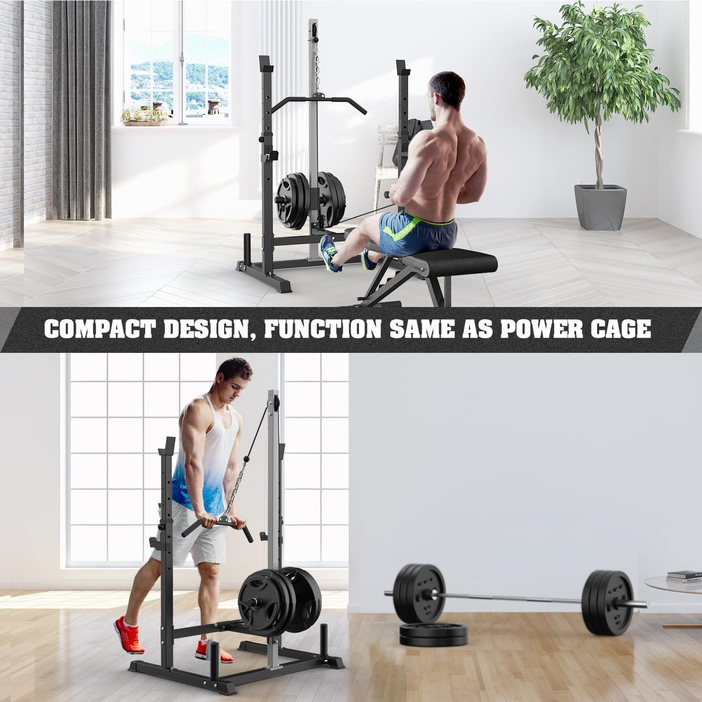 Power Rack with LAT Pulldown Pulley System Adjustable Multi-Functional Squat Rack, Power Cage with J-Hooks Home Gym