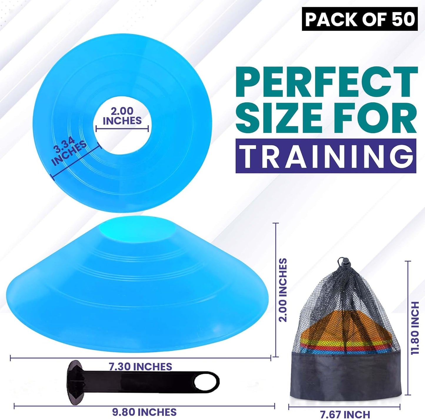 Training Soccer Cones 25/50/100 Pack with Carry Bag & Holder – 5 Colors – Agility Disc Cones Set Sports Practice Equipment for Soccer, Football, Basketball, Coaching & Speed