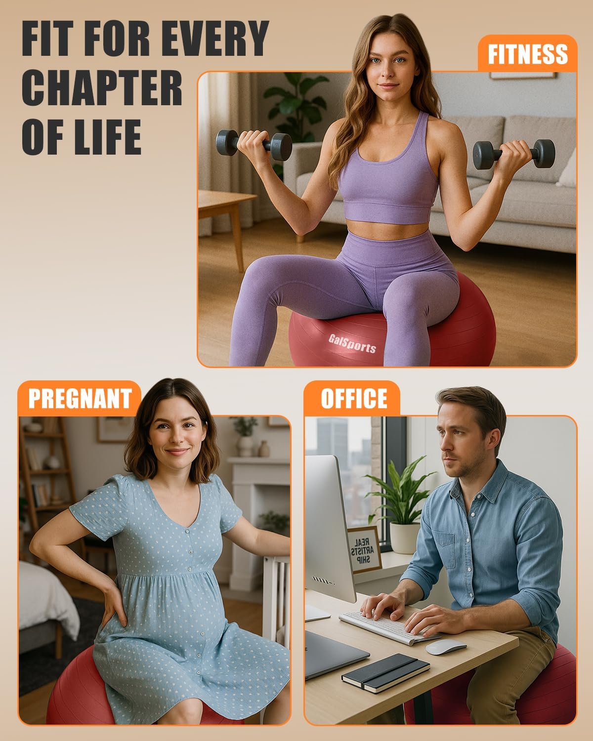 GalSports Anti-Burst Slip Resistant Stability Ball - Swiss Ball for Home Gym & Physical Therapy