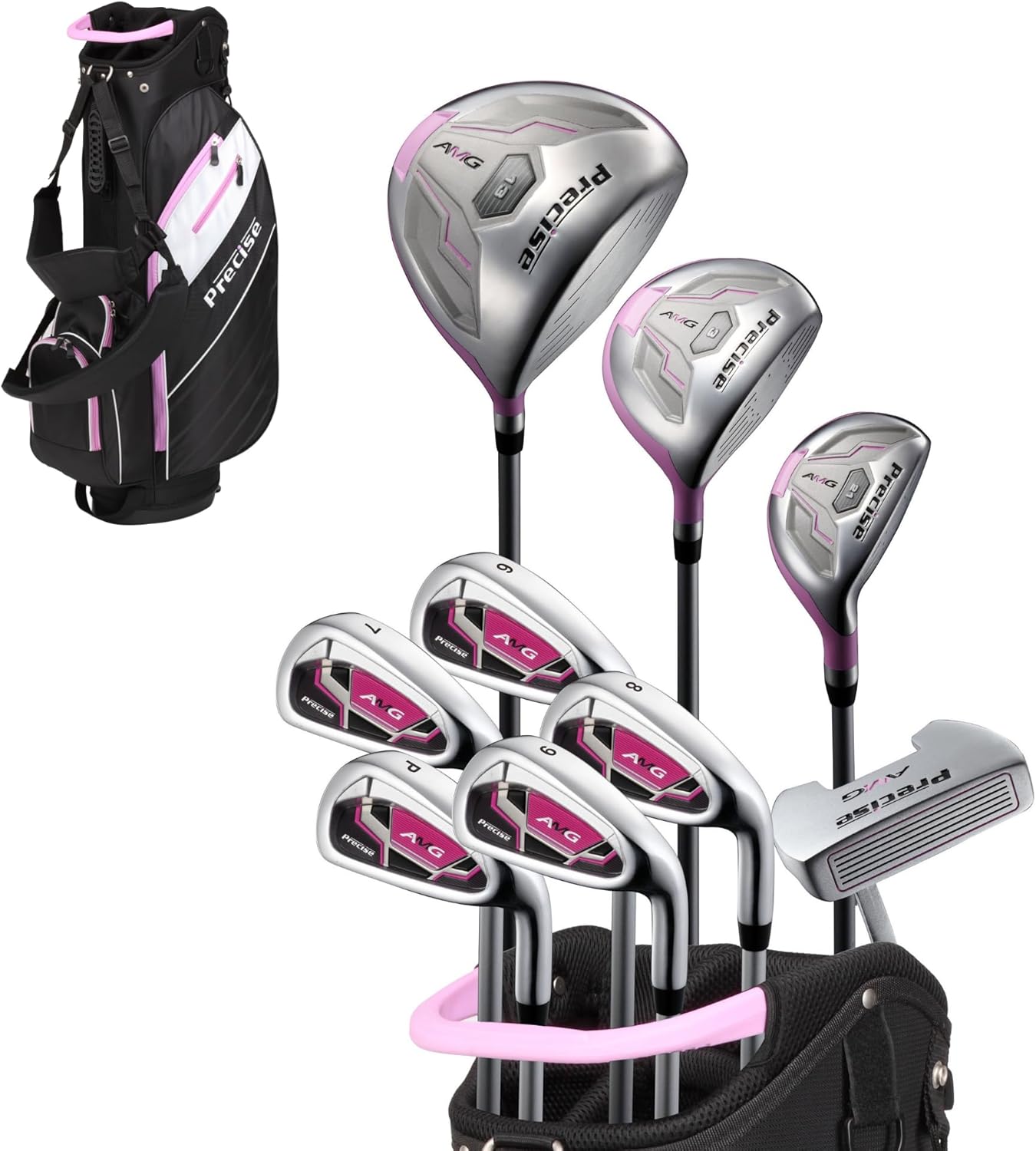 Precise AMG Complete Womens Golf Clubs Set, Includes Driver, Fairway, Hybrid, 6-PW Irons, Putter, Stand Bag, 3 H/C's, Golf Clubs Women Right Handed, Regular & Petite Sizes