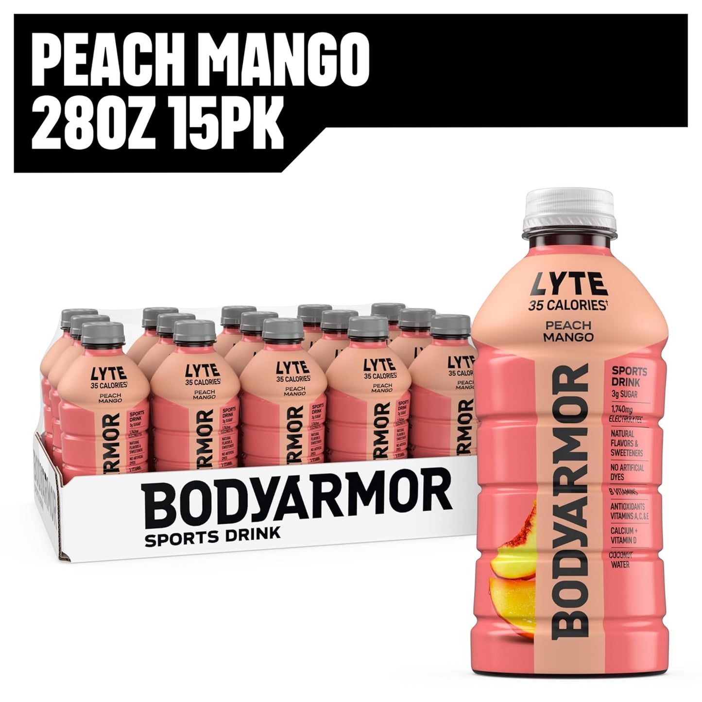 BODYARMOR LYTE Sports Drink Low-Calorie Sports Beverage, Peach Mango, Coconut Water Hydration, Potassium-Packed Electrolytes, Perfect For Athletes, 28 Fl Oz (Pack of 15)