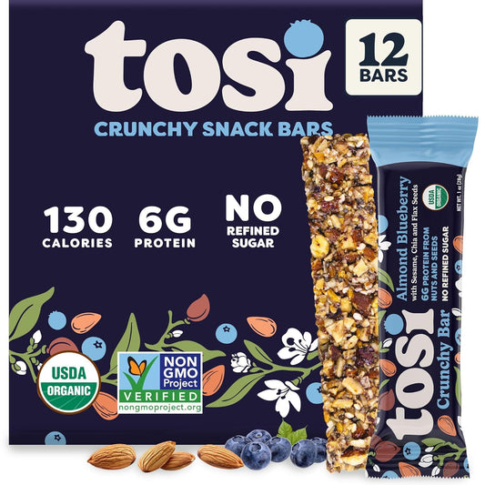 Tosi Almond Blueberry Protein Bars, Plant Based with Nuts, Gluten-Free Crunchy Snacks, Vegan, Organic, Flax & Chia Seeds, Soy-Free, Omega 3s, 5G Protein, 1 oz, 12-Pack