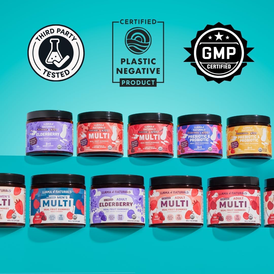 Llama Naturals Elderberry Gummies for Kids, Vegan, Organic Immune Support Supplement with Vitamin C and Zinc, Toddler Real Fruit Gummy Vitamins for Immunity, Chewable, No Added Sugar Cane, 60 Ct