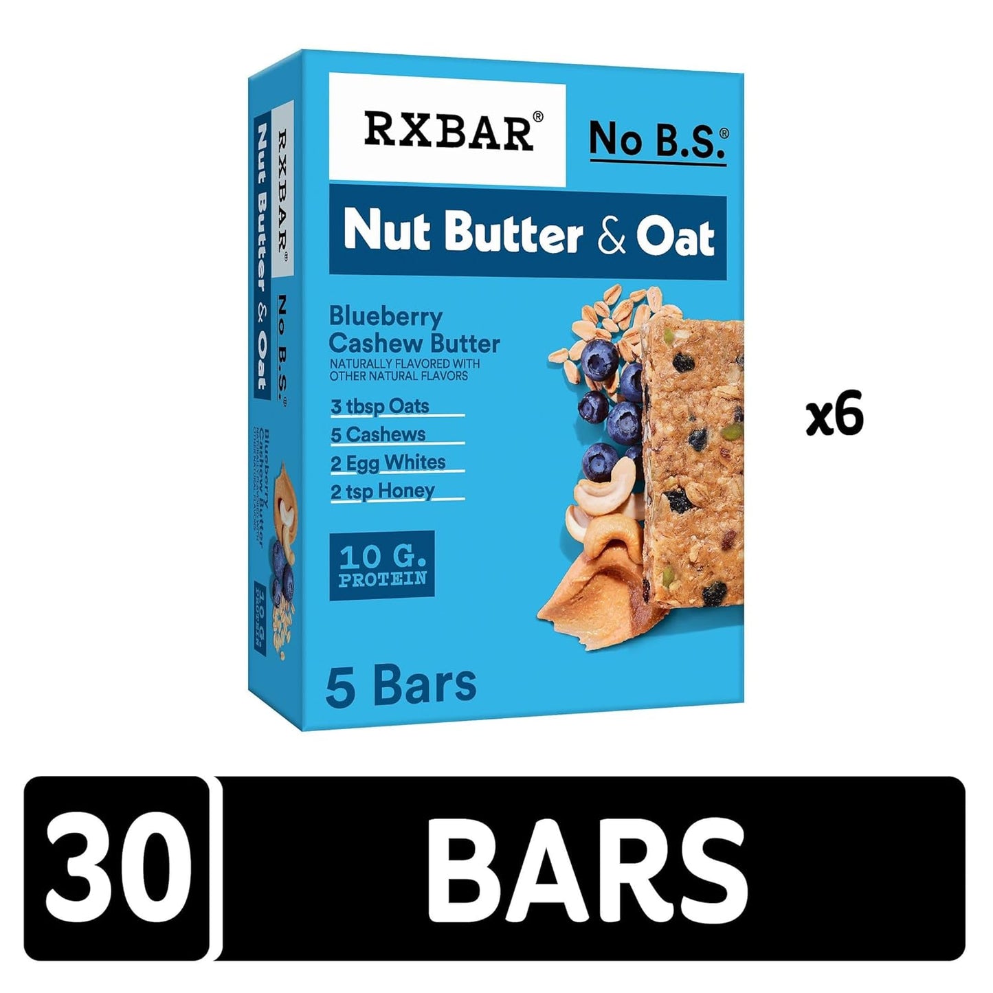 RXBAR Nut Butter and Oat Protein Bars, Protein Snacks, Snack Bars, Blueberry Cashew Butter (6 Boxes, 30 Bars)