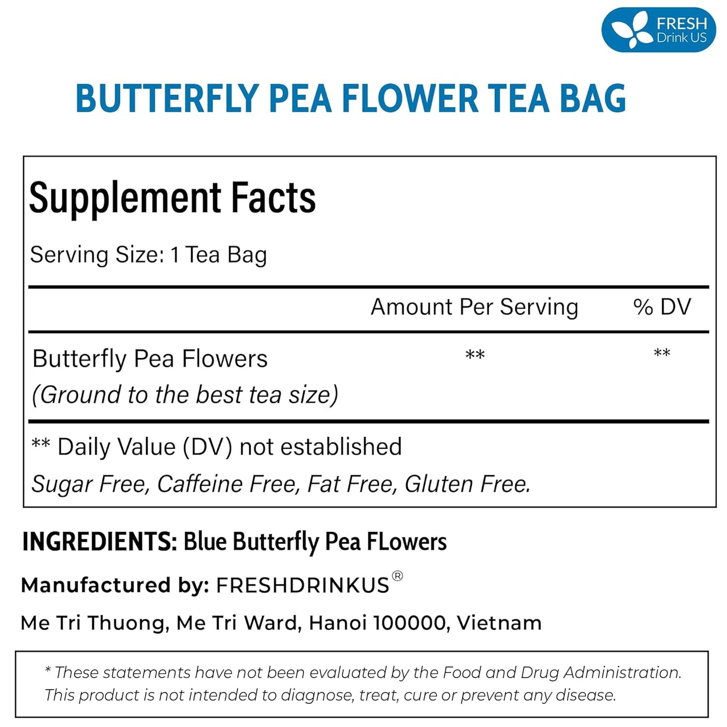 FreshDrinkUS, Premium 75 Tea Bags Blue Butterfly Pea Flowers, 100% Natural and Pure from Butterfly Pea Flowers, Made With Natural Material Tea Bag, No Sugar, No Caffeine, No Gluten, Vegan