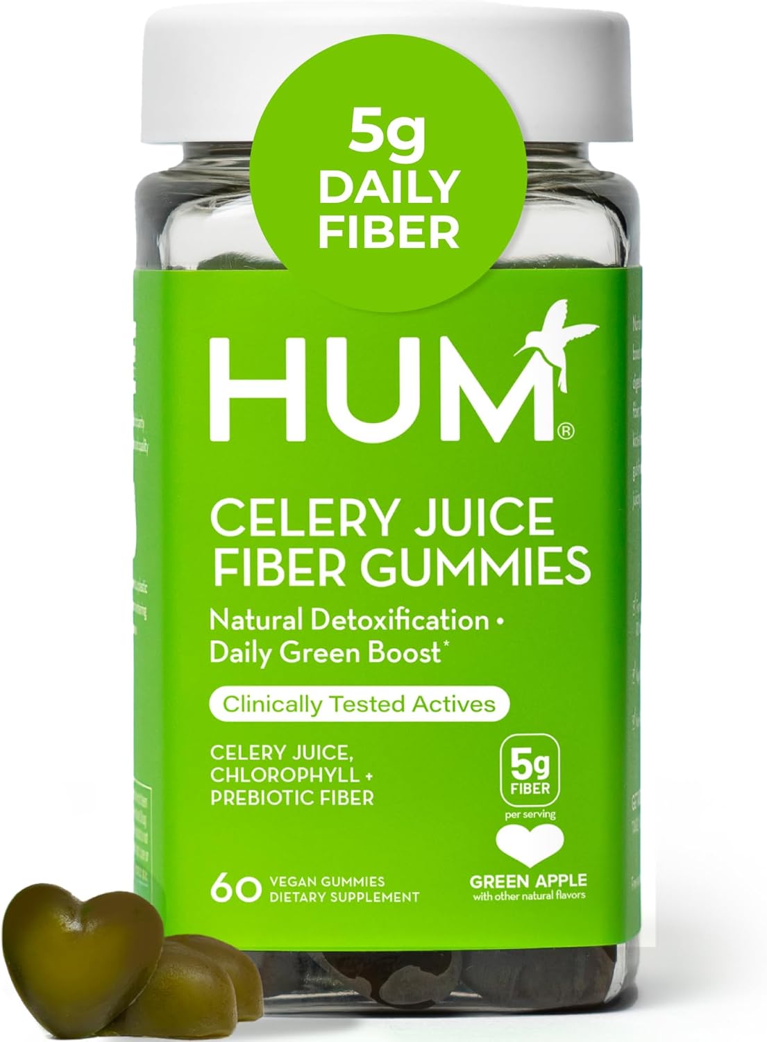 HUM The First Prebiotic Celery Juice Fiber Gummies, Supports Detoxification, A Daily Green Boost Includes Celery Juice, Chlorophyll, Prebiotic Fiber (60-Count)
