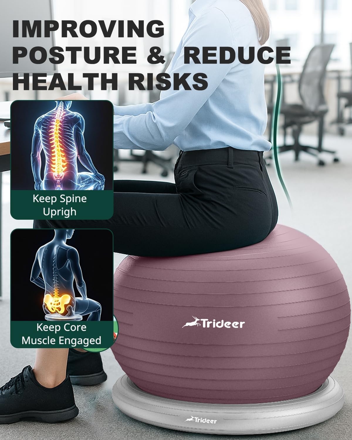 Trideer Exercise Yoga Ball Chair with Base for Home Office Desk, Stability & Fitness Ball Seat to Relieve Back Pain, Home Gym Workout for Abs, Pregnancy Ball with Pump
