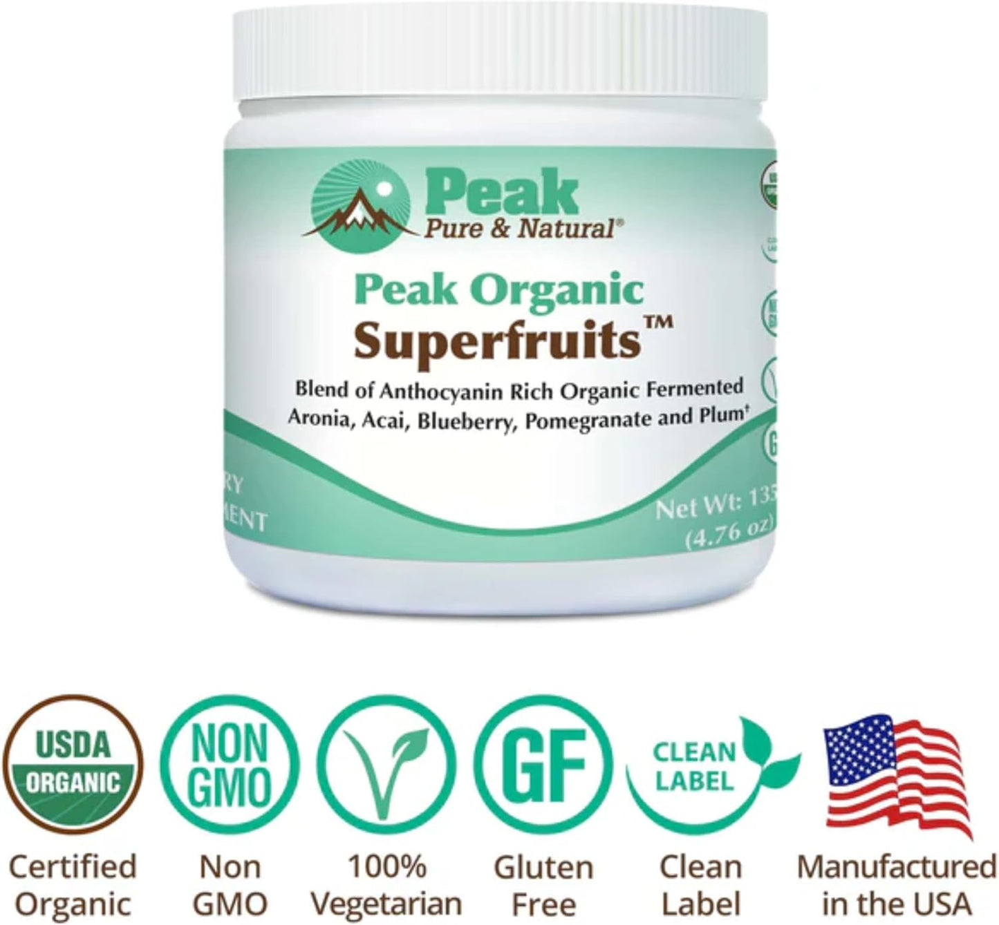 Peak Organic Superfruits - Polyphenol Rich Superfood Powder - Non-GMO Fermented Aronia Berry, Acai, Blueberry, Pomegranate, and Plum - Aging, Metabolic Health, Heart Health (30 Servings)
