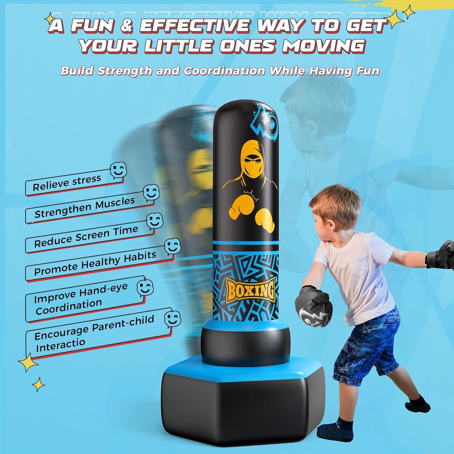 67'' Inflatable Punching Bag Freestanding for Kids Aged 3-12 – Heavy Duty Boxing Set for Karate & Taekwondo, Stable Boxing Bag Active Kids Toy, Christmas Birthday Gift for Boys and Girls