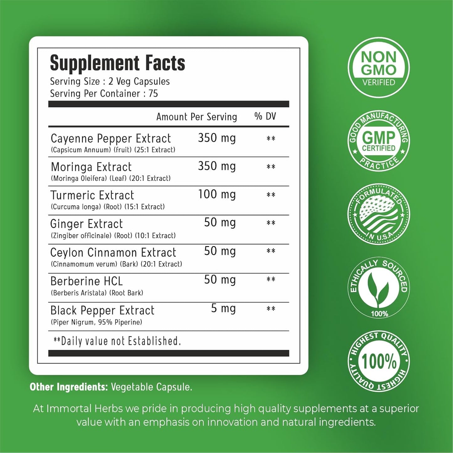 Cayenne Pepper Moringa Turmeric Ginger Capsules, 150 Pills, Gut Health Supplement w/Extra Strength, Non-GMO & Gluten Free, Pure Berberine HCL and Ceylon Cinnamon Extract Powder