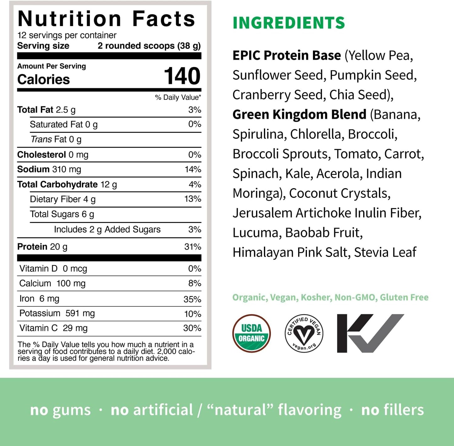 Sprout Living Epic Protein, Plant Based Protein & Superfoods Powder, Green Kingdom | 20 Grams Organic Protein Powder, Greens, Vegan, Non Dairy, Non-GMO, Gluten Free, Low Sugar (1 Pound, 12 Servings)