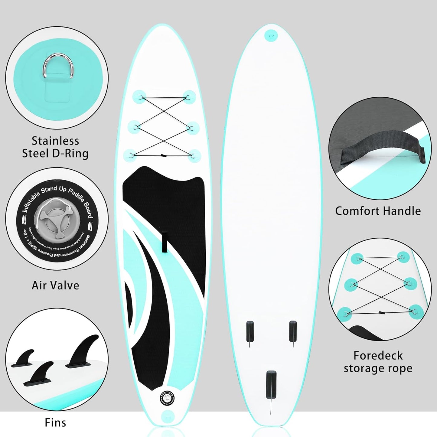 Inflatable Stand Up Paddle Board 10‘x30‘‘- Ultra-Light SUP with Backpack, Pump, Paddle, Coil Leash, 3 Fins, Repair Kit, Stable Design, Non-Slip EVA Deck for Adults & Youth